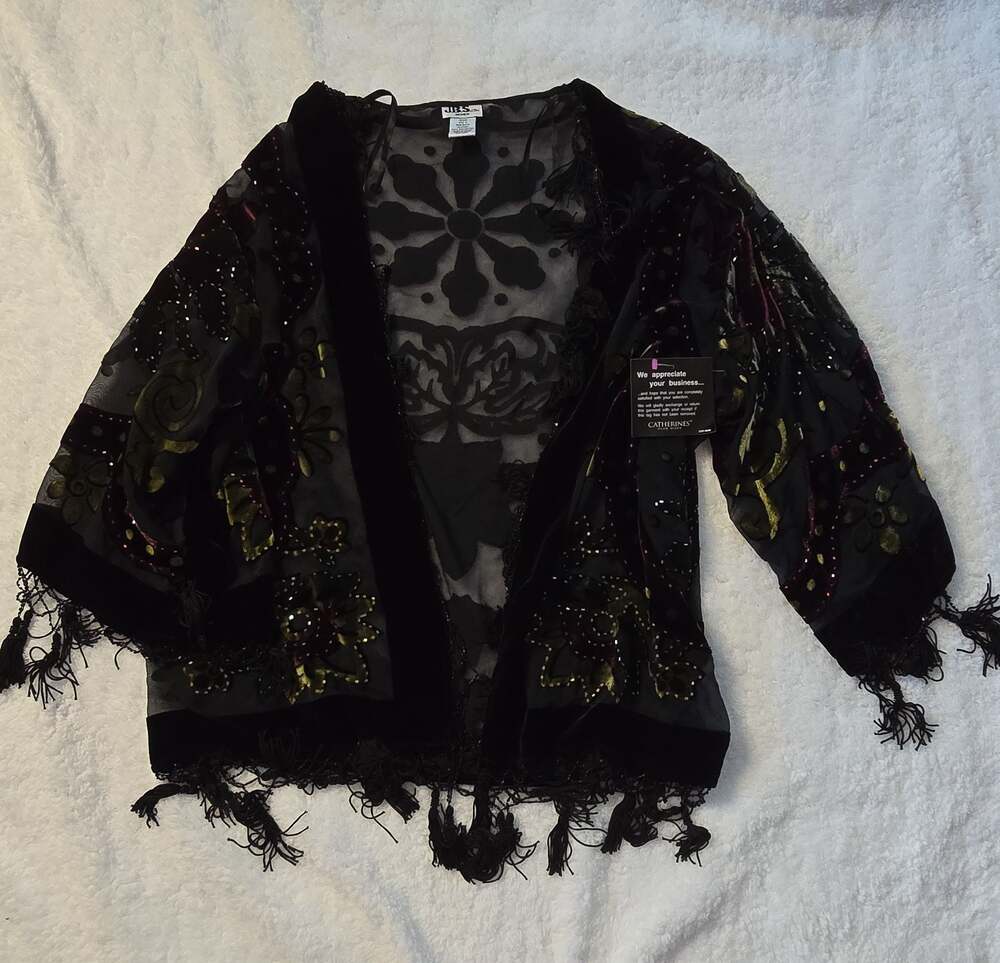 J.B.S. Women Black Velvet Burnout Beaded Fringe Open Front Cardigan Shrug Jacket